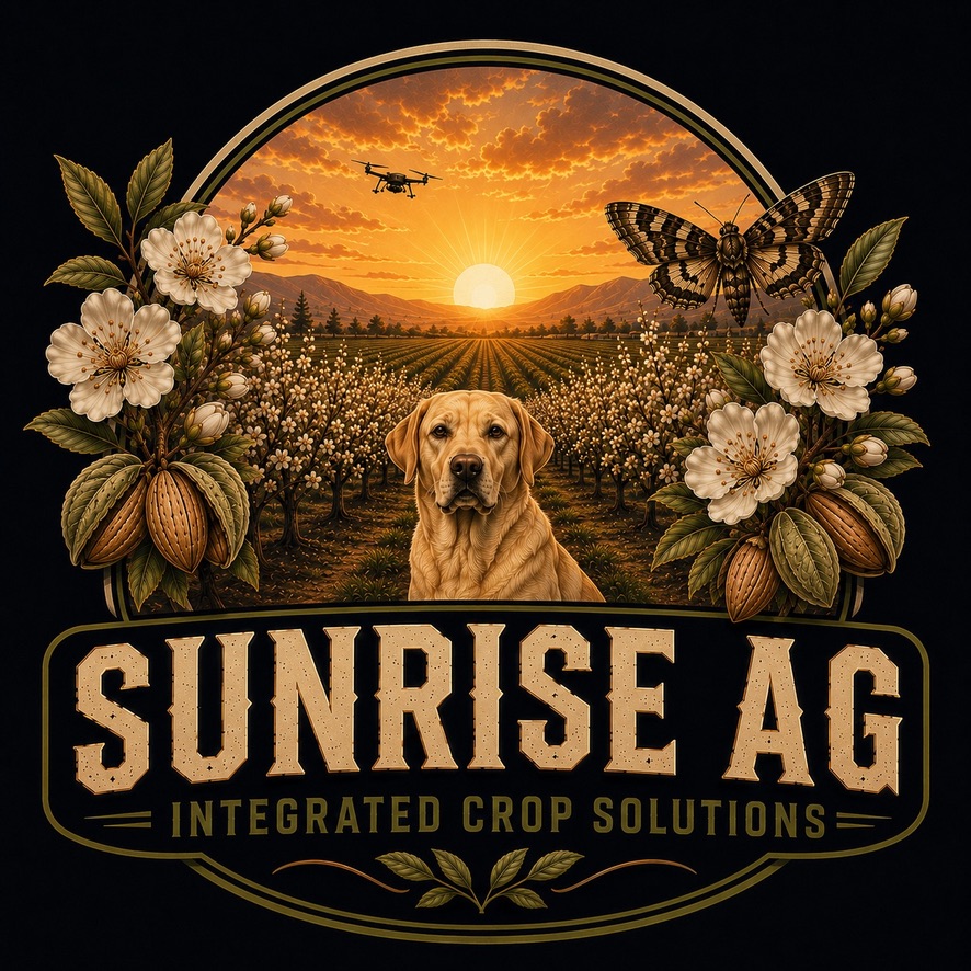 Sunrise Ag heritage badge with an orchard at sunrise, a drone overhead, golden dog, moth and almond blossoms